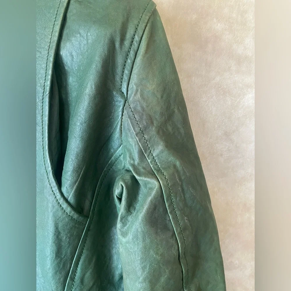 Diesel Distressed Dark Green Leather Premise Beaded Moto Jacket - Picture 11 of 14